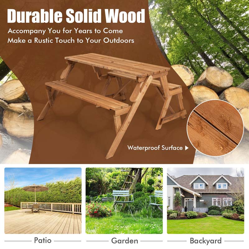 2-in-1 Convertible Wooden Picnic Table & Bench Set, Transforming Interchangeable Outdoor Picnic Table w/ Umbrella Hole, Collapsible for Backyard Patio