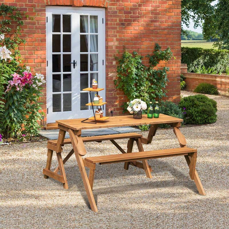 2-in-1 Convertible Wooden Picnic Table & Bench Set, Transforming Interchangeable Outdoor Picnic Table w/ Umbrella Hole, Collapsible for Backyard Patio