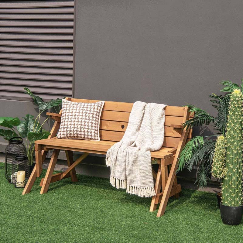 2-in-1 Convertible Wooden Picnic Table & Bench Set, Transforming Interchangeable Outdoor Picnic Table w/ Umbrella Hole, Collapsible for Backyard Patio