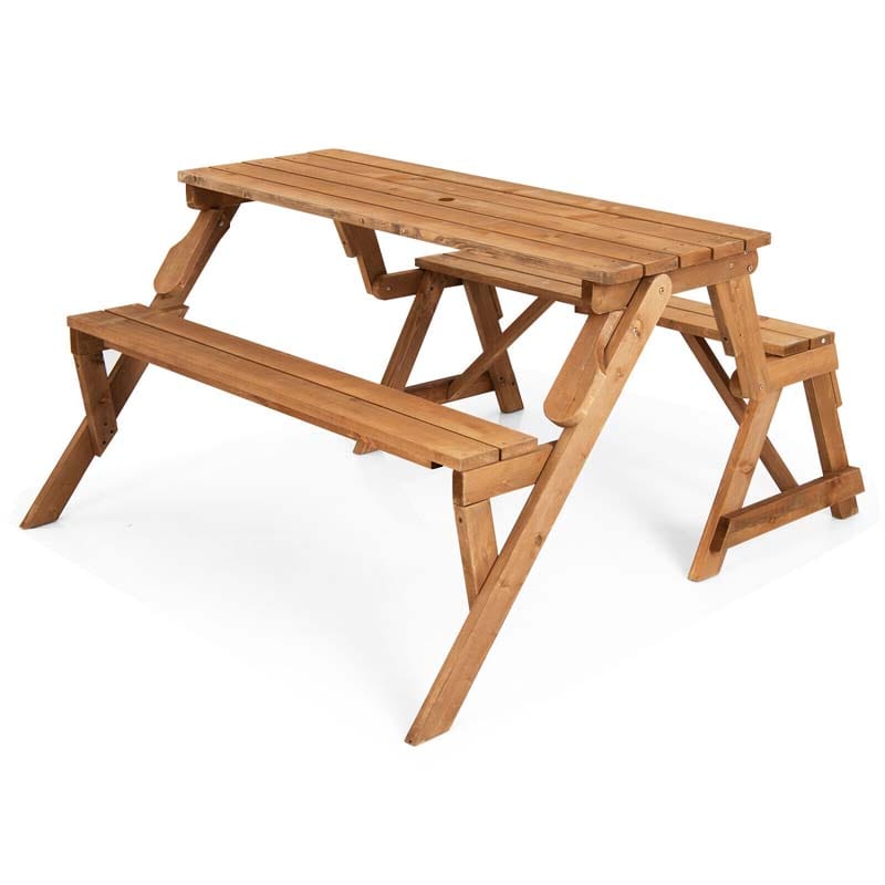 2-in-1 Convertible Wooden Picnic Table & Bench Set, Transforming Interchangeable Outdoor Picnic Table w/ Umbrella Hole, Collapsible for Backyard Patio