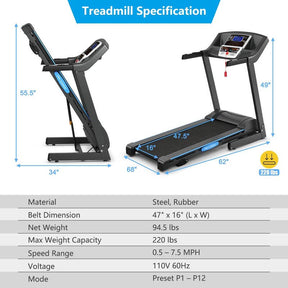 2.25HP Folding Electric Treadmill with Manual Incline & LCD Display, Motorized Running Machine for Home & Gym