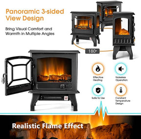 20" Freestanding Electric Fireplace Stove Heater, 1400W Portable Space Heater with Realistic Flame Effect