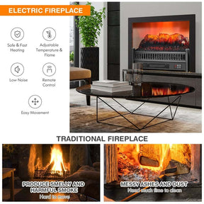 23" Freestanding Electric Fireplace Log Heater, 1400W Electric Stove Insert with Realistic Flame & Remote Control