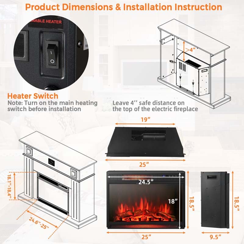 25" Recessed Electric Fireplace Heater with Flame Effect, Wall Mounted & Freestanding Electric Fireplace Insert