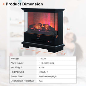27" Freestanding Fireplace, 1400W Electric Fireplace Heater with 3-Level Vivid Flame & Thermostat Control