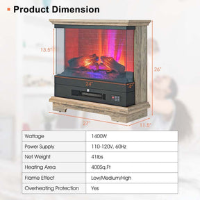 27" Freestanding Fireplace, 1400W Electric Fireplace Heater with 3-Level Vivid Flame & Thermostat Control