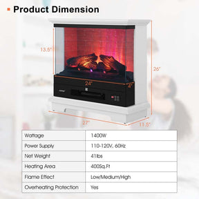 27" Freestanding Fireplace, 1400W Electric Fireplace Heater with 3-Level Vivid Flame & Thermostat Control