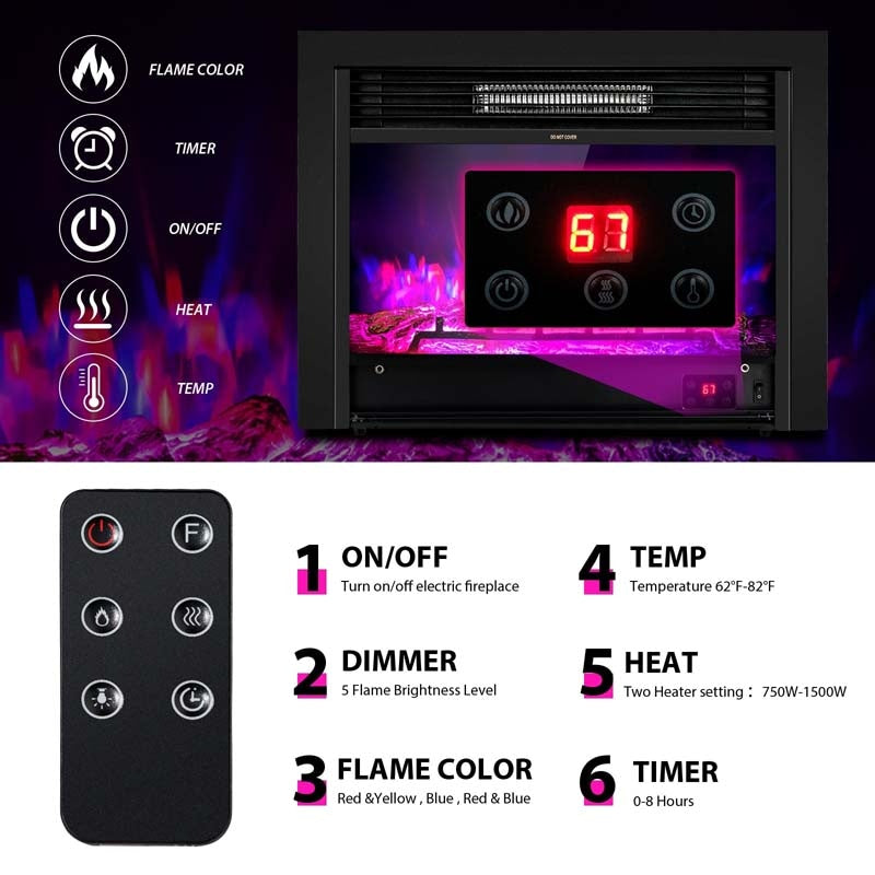 28.5/33/36 Inch Recessed Electric Fireplace Insert, 1500W Wall Mounted Freestanding Fireplace Heater with 3 Color Flame & Remote Control