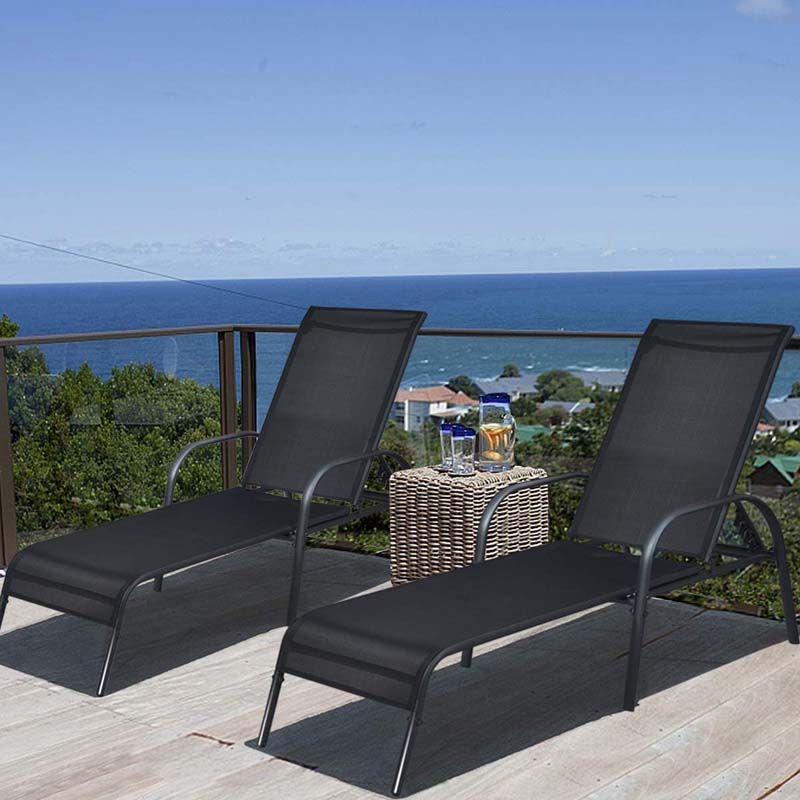 2 PCS Outdoor Chaise Lounges, 5-Position Adjustable Patio Reclining Chairs w/ Armrests, Heavy Duty Steel Sun Loungers for Pool, Yard, Beach