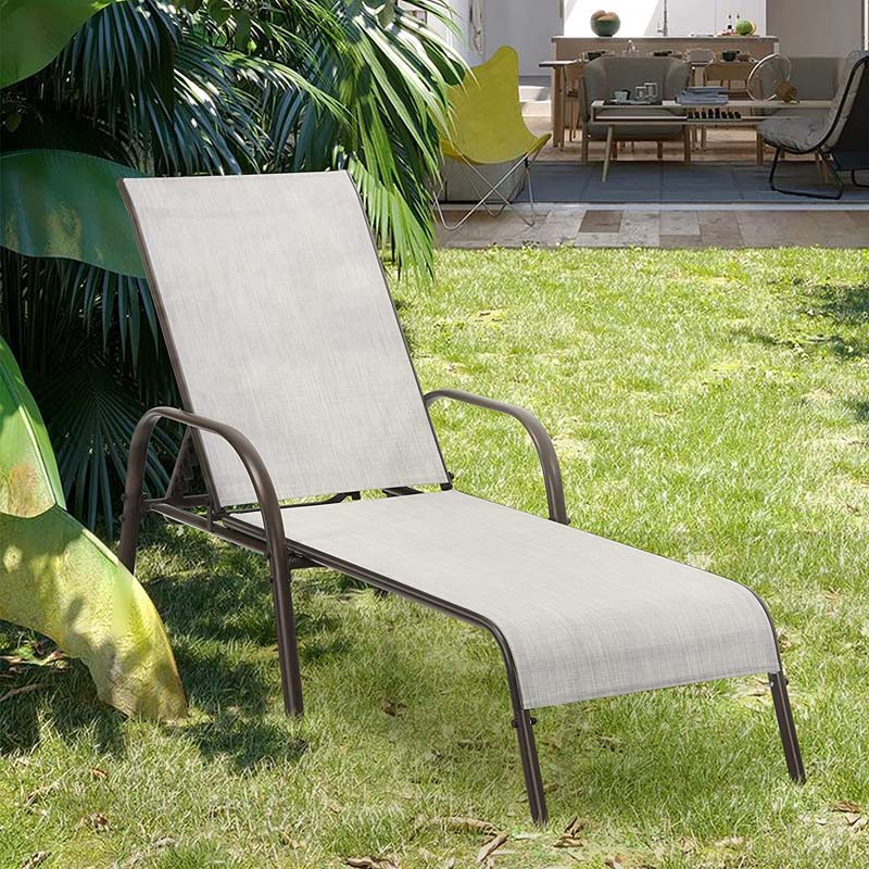 2 PCS Outdoor Chaise Lounges, 5-Position Adjustable Patio Reclining Chairs w/ Armrests, Heavy Duty Steel Sun Loungers for Pool, Yard, Beach