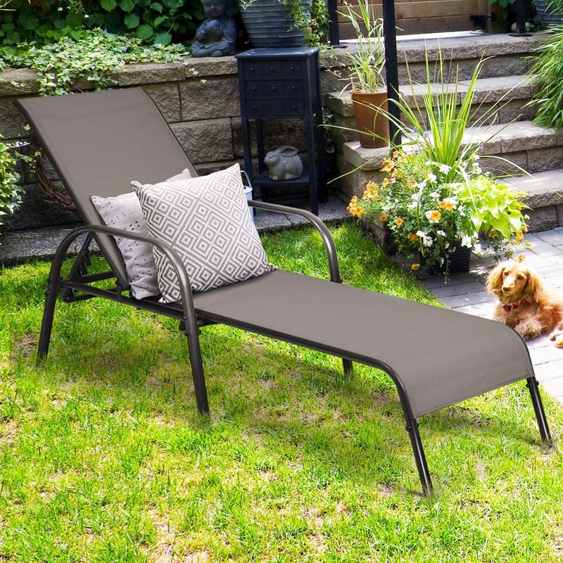 2 PCS Outdoor Chaise Lounges, 5-Position Adjustable Patio Reclining Chairs w/ Armrests, Heavy Duty Steel Sun Loungers for Pool, Yard, Beach