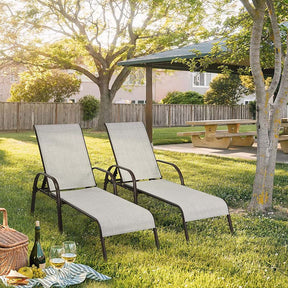 2 PCS Outdoor Chaise Lounges, 5-Position Adjustable Patio Reclining Chairs w/ Armrests, Heavy Duty Steel Sun Loungers for Pool, Yard, Beach