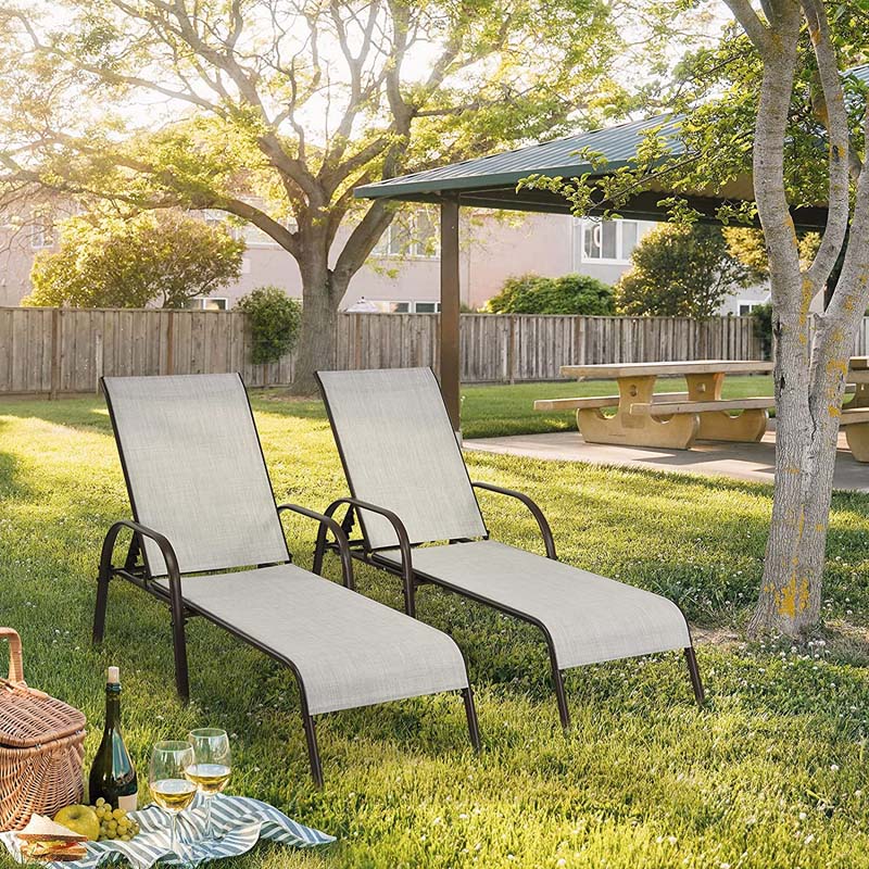2 PCS Outdoor Chaise Lounges, 5-Position Adjustable Patio Reclining Chairs w/ Armrests, Heavy Duty Steel Sun Loungers for Pool, Yard, Beach