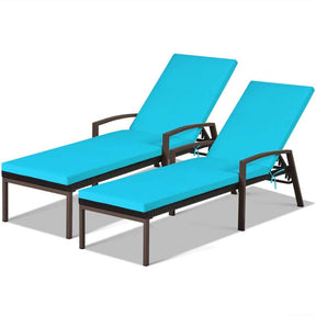 Set of 2 Patio Rattan Chaise Lounge Chairs, Outdoor Reclining Pool Sun Loungers with 5-Position Adjustable Backrest, Cushions & Armrests