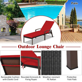 Set of 2 Patio Rattan Chaise Lounge Chairs, Outdoor Reclining Pool Sun Loungers with 5-Position Adjustable Backrest, Cushions & Armrests