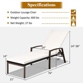 Set of 2 Patio Rattan Chaise Lounge Chairs, Outdoor Reclining Pool Sun Loungers with 5-Position Adjustable Backrest, Cushions & Armrests