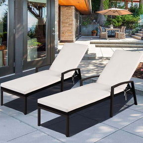 Set of 2 Patio Rattan Chaise Lounge Chairs, Outdoor Reclining Pool Sun Loungers with 5-Position Adjustable Backrest, Cushions & Armrests