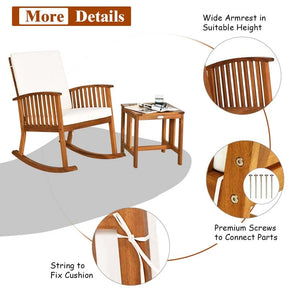 2 Piece Acacia Wood Patio Rocking Chair Table Set with Thick Cushion, Outdoor Porch Rocker & Bistro Table Set for Backyard, Balcony, Poolside