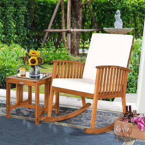 2 Piece Acacia Wood Patio Rocking Chair Table Set with Thick Cushion, Outdoor Porch Rocker & Bistro Table Set for Backyard, Balcony, Poolside