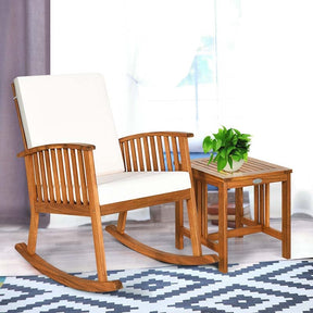 2 Piece Acacia Wood Patio Rocking Chair Table Set with Thick Cushion, Outdoor Porch Rocker & Bistro Table Set for Backyard, Balcony, Poolside