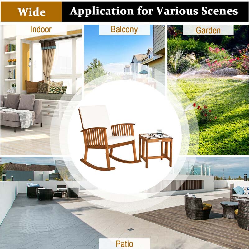 2 Piece Acacia Wood Patio Rocking Chair Table Set with Thick Cushion, Outdoor Porch Rocker & Bistro Table Set for Backyard, Balcony, Poolside