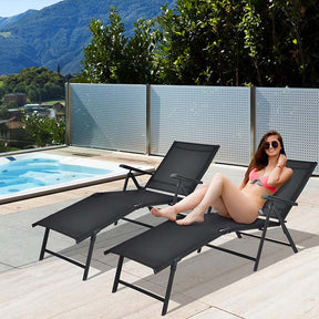 Set of 2 Folding Chaise Lounge Chair with 5-Position Adjustable Backrest & 2-Position Footrest, Fabric Seat Sun Lounger for Pool Deck Beach