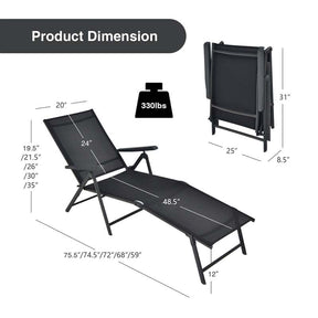 Set of 2 Folding Chaise Lounge Chair with 5-Position Adjustable Backrest & 2-Position Footrest, Fabric Seat Sun Lounger for Pool Deck Beach