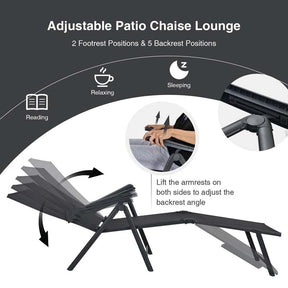 Set of 2 Folding Chaise Lounge Chair with 5-Position Adjustable Backrest & 2-Position Footrest, Fabric Seat Sun Lounger for Pool Deck Beach