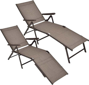 Set of 2 Folding Chaise Lounge Chair with 5-Position Adjustable Backrest & 2-Position Footrest, Fabric Seat Sun Lounger for Pool Deck Beach