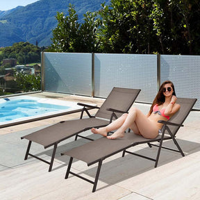 Set of 2 Folding Chaise Lounge Chair with 5-Position Adjustable Backrest & 2-Position Footrest, Fabric Seat Sun Lounger for Pool Deck Beach