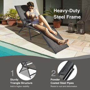 Set of 2 Folding Chaise Lounge Chair with 5-Position Adjustable Backrest & 2-Position Footrest, Fabric Seat Sun Lounger for Pool Deck Beach