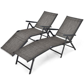 Set of 2 Folding Chaise Lounge Chair with 5-Position Adjustable Backrest & 2-Position Footrest, Fabric Seat Sun Lounger for Pool Deck Beach
