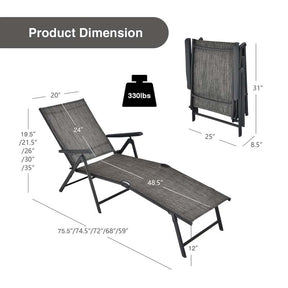 Set of 2 Folding Chaise Lounge Chair with 5-Position Adjustable Backrest & 2-Position Footrest, Fabric Seat Sun Lounger for Pool Deck Beach