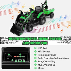 12V 3-in-1 Kids Ride On Tractor Excavator Bulldozer with Remote Control, Trailer & Shovel, Battery Electric Construction Vehicle for Ages 3-8