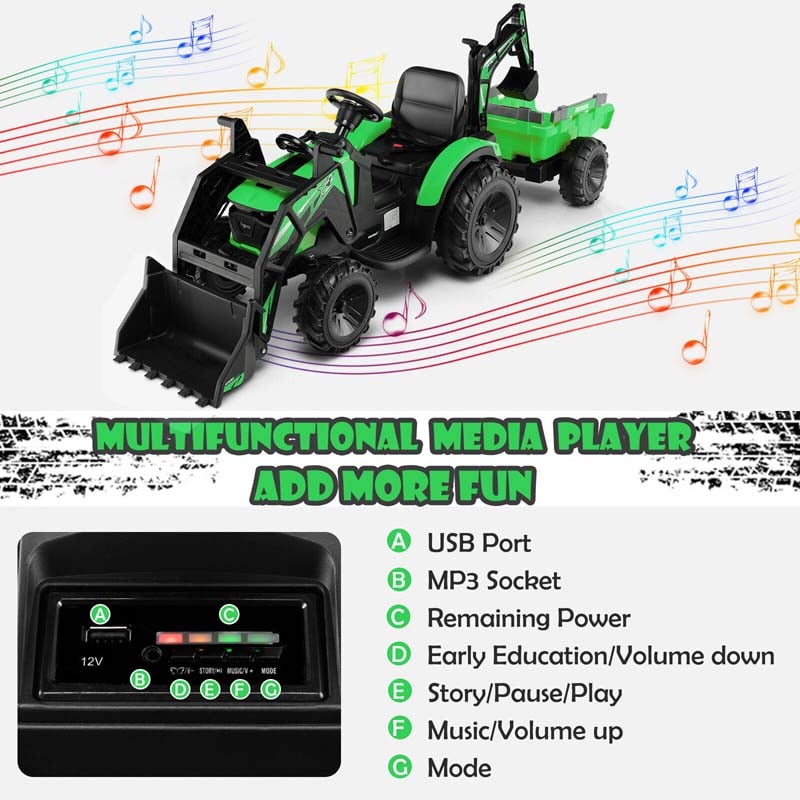12V 3-in-1 Kids Ride On Tractor Excavator Bulldozer with Remote Control, Trailer & Shovel, Battery Electric Construction Vehicle for Ages 3-8