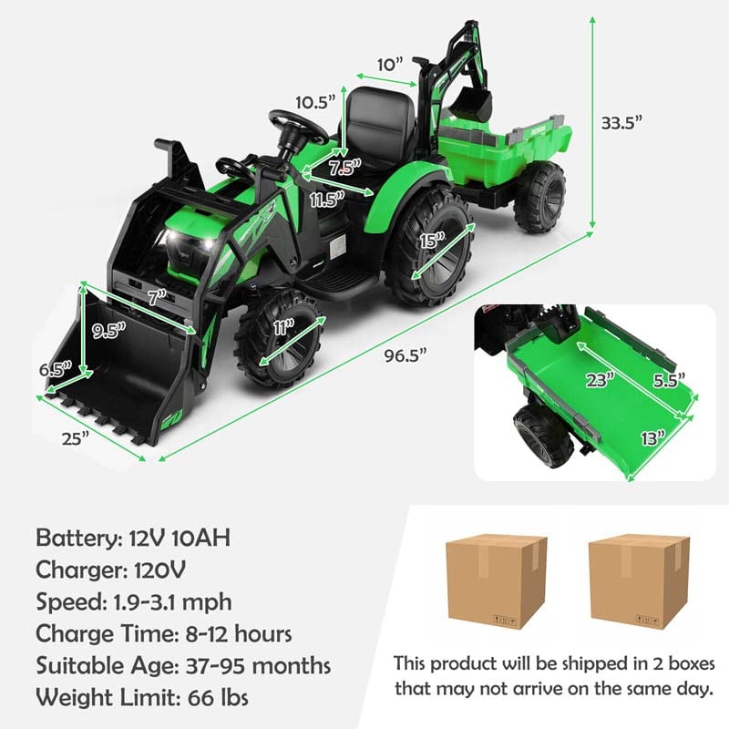12V 3-in-1 Kids Ride On Tractor Excavator Bulldozer with Remote Control, Trailer & Shovel, Battery Electric Construction Vehicle for Ages 3-8