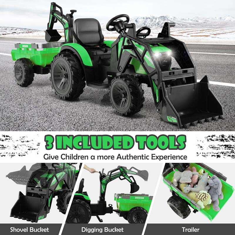12V 3-in-1 Kids Ride On Tractor Excavator Bulldozer with Remote Control, Trailer & Shovel, Battery Electric Construction Vehicle for Ages 3-8