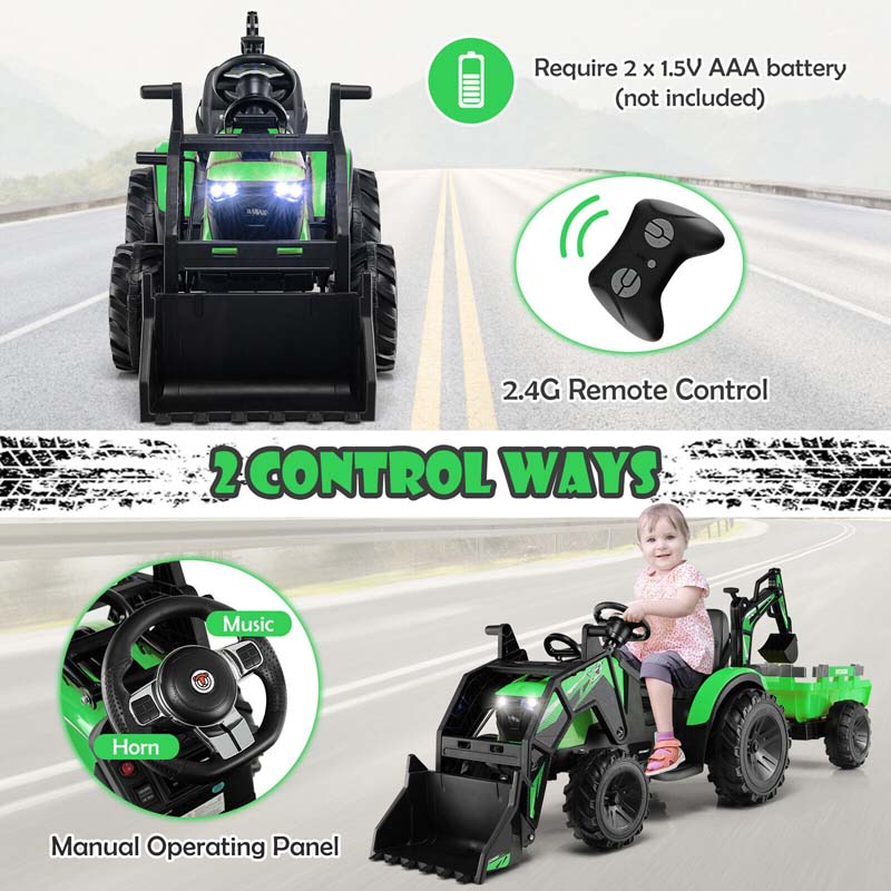 12V 3-in-1 Kids Ride On Tractor Excavator Bulldozer with Remote Control, Trailer & Shovel, Battery Electric Construction Vehicle for Ages 3-8
