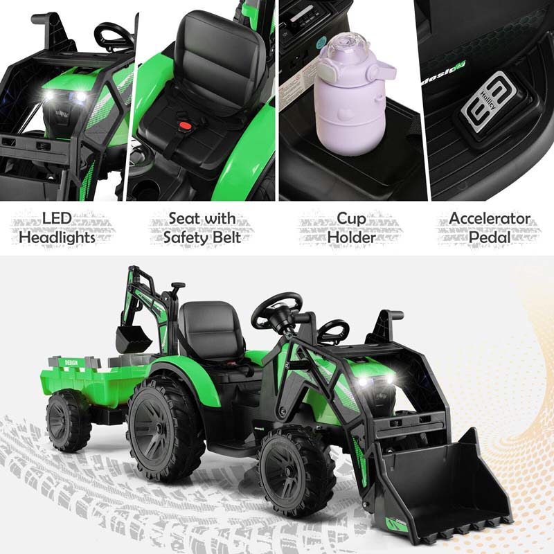 12V 3-in-1 Kids Ride On Tractor Excavator Bulldozer with Remote Control, Trailer & Shovel, Battery Electric Construction Vehicle for Ages 3-8