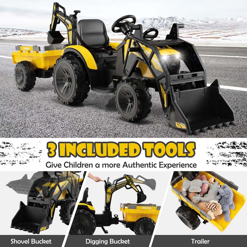 12V 3-in-1 Kids Ride On Tractor Excavator Bulldozer with Remote Control, Trailer & Shovel, Battery Electric Construction Vehicle for Ages 3-8