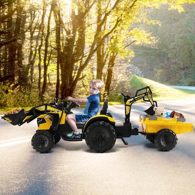 12V 3-in-1 Kids Ride On Tractor Excavator Bulldozer with Remote Control, Trailer & Shovel, Battery Electric Construction Vehicle for Ages 3-8