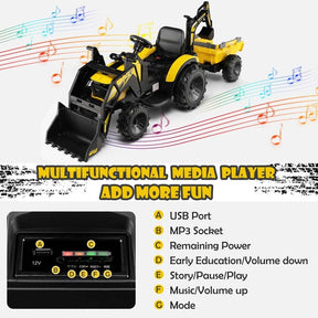 12V 3-in-1 Kids Ride On Tractor Excavator Bulldozer with Remote Control, Trailer & Shovel, Battery Electric Construction Vehicle for Ages 3-8