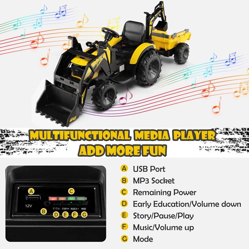 12V 3-in-1 Kids Ride On Tractor Excavator Bulldozer with Remote Control, Trailer & Shovel, Battery Electric Construction Vehicle for Ages 3-8