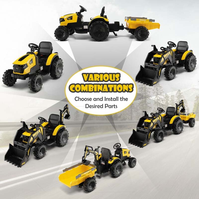 12V 3-in-1 Kids Ride On Tractor Excavator Bulldozer with Remote Control, Trailer & Shovel, Battery Electric Construction Vehicle for Ages 3-8
