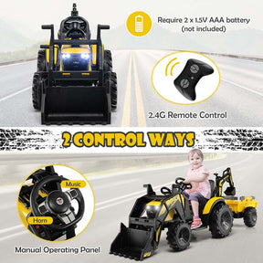 12V 3-in-1 Kids Ride On Tractor Excavator Bulldozer with Remote Control, Trailer & Shovel, Battery Electric Construction Vehicle for Ages 3-8