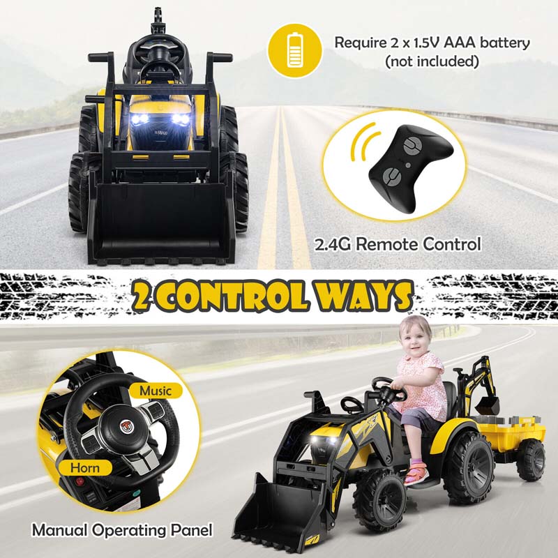 12V 3-in-1 Kids Ride On Tractor Excavator Bulldozer with Remote Control, Trailer & Shovel, Battery Electric Construction Vehicle for Ages 3-8
