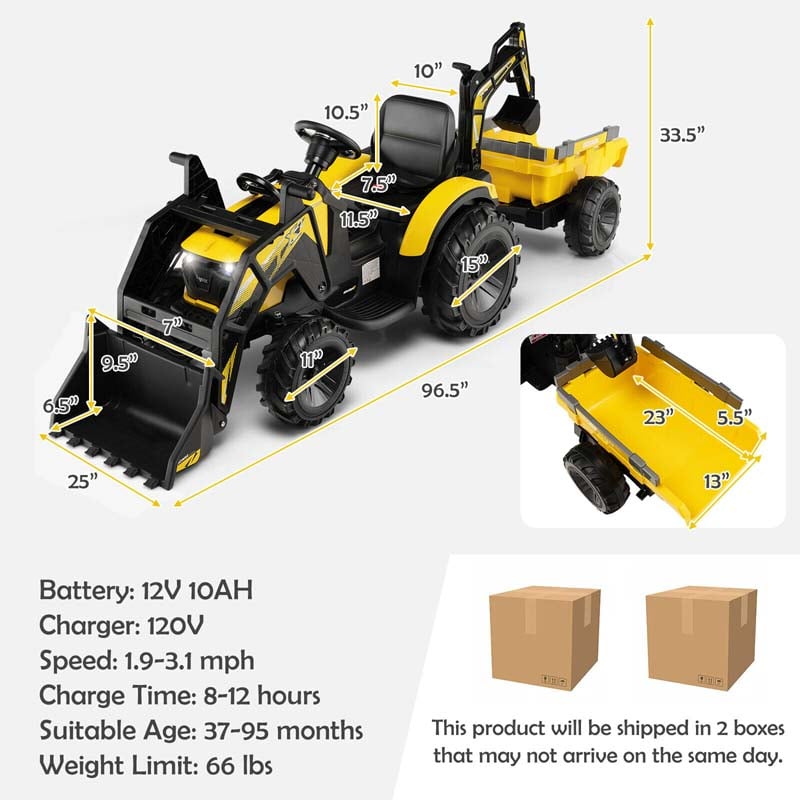 12V 3-in-1 Kids Ride On Tractor Excavator Bulldozer with Remote Control, Trailer & Shovel, Battery Electric Construction Vehicle for Ages 3-8