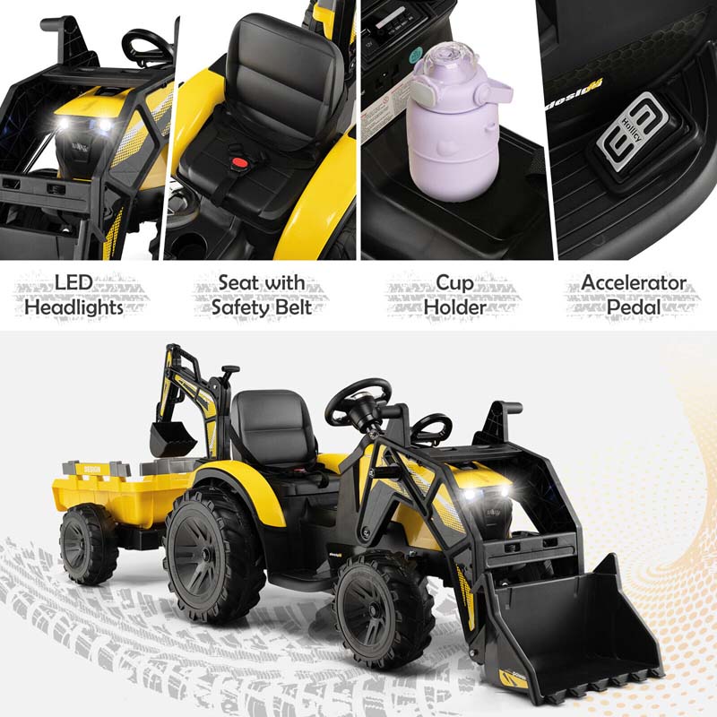 12V 3-in-1 Kids Ride On Tractor Excavator Bulldozer with Remote Control, Trailer & Shovel, Battery Electric Construction Vehicle for Ages 3-8
