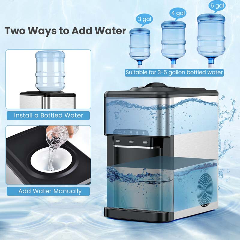 3-in-1 Countertop Water Dispenser with Ice Maker 48LBS/24H, 5 Gallon Bottle Top-Loading Hot/Cold Water Cooler Dispenser w/ Ice Machine for Home Office