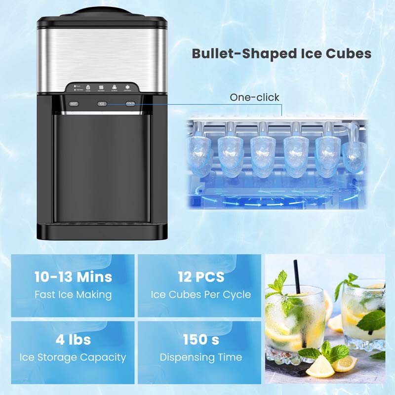 3-in-1 Countertop Water Dispenser with Ice Maker 48LBS/24H, 5 Gallon Bottle Top-Loading Hot/Cold Water Cooler Dispenser w/ Ice Machine for Home Office